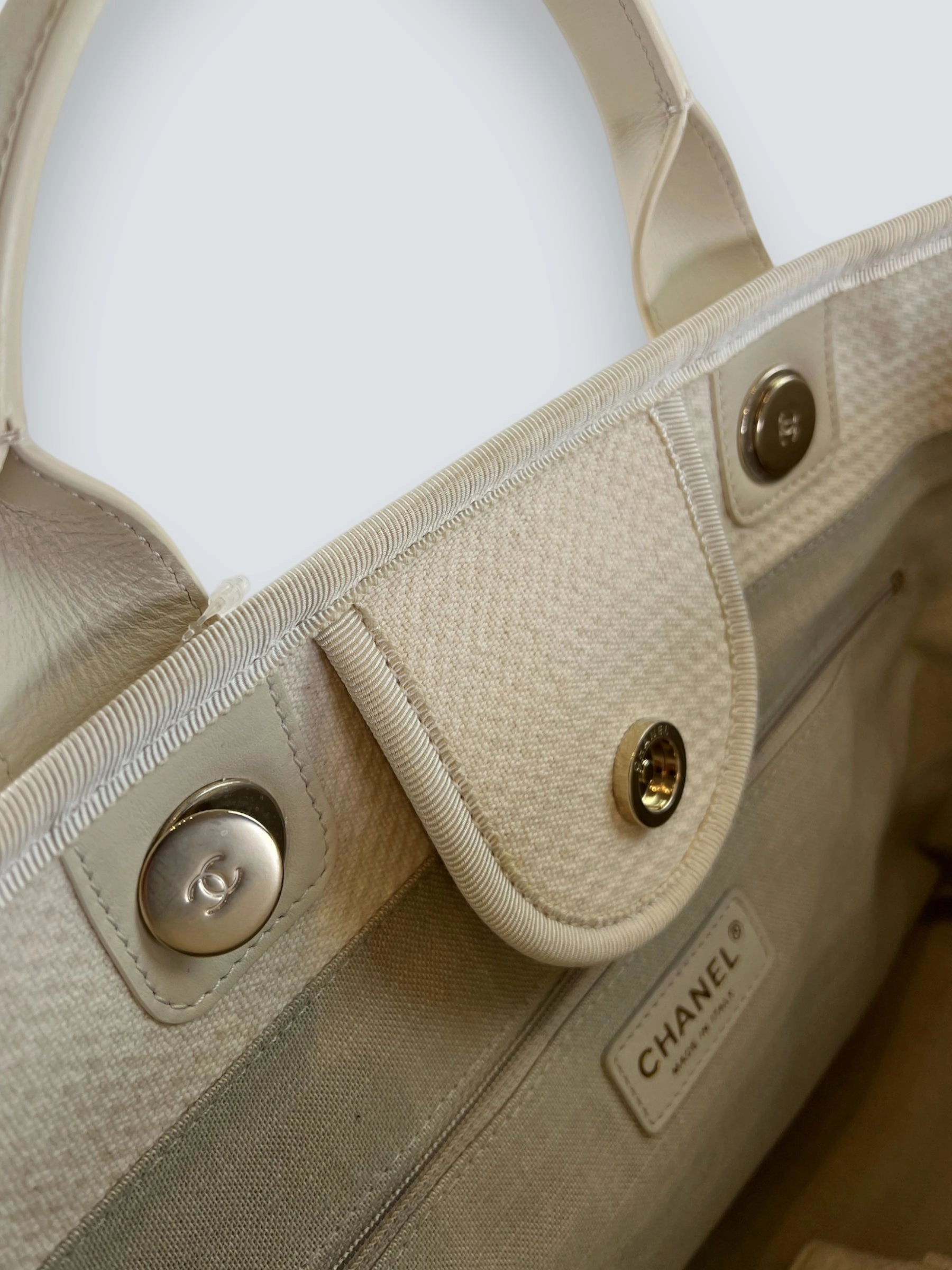 Chanel Cream Leather & Canvas Deauville Tote