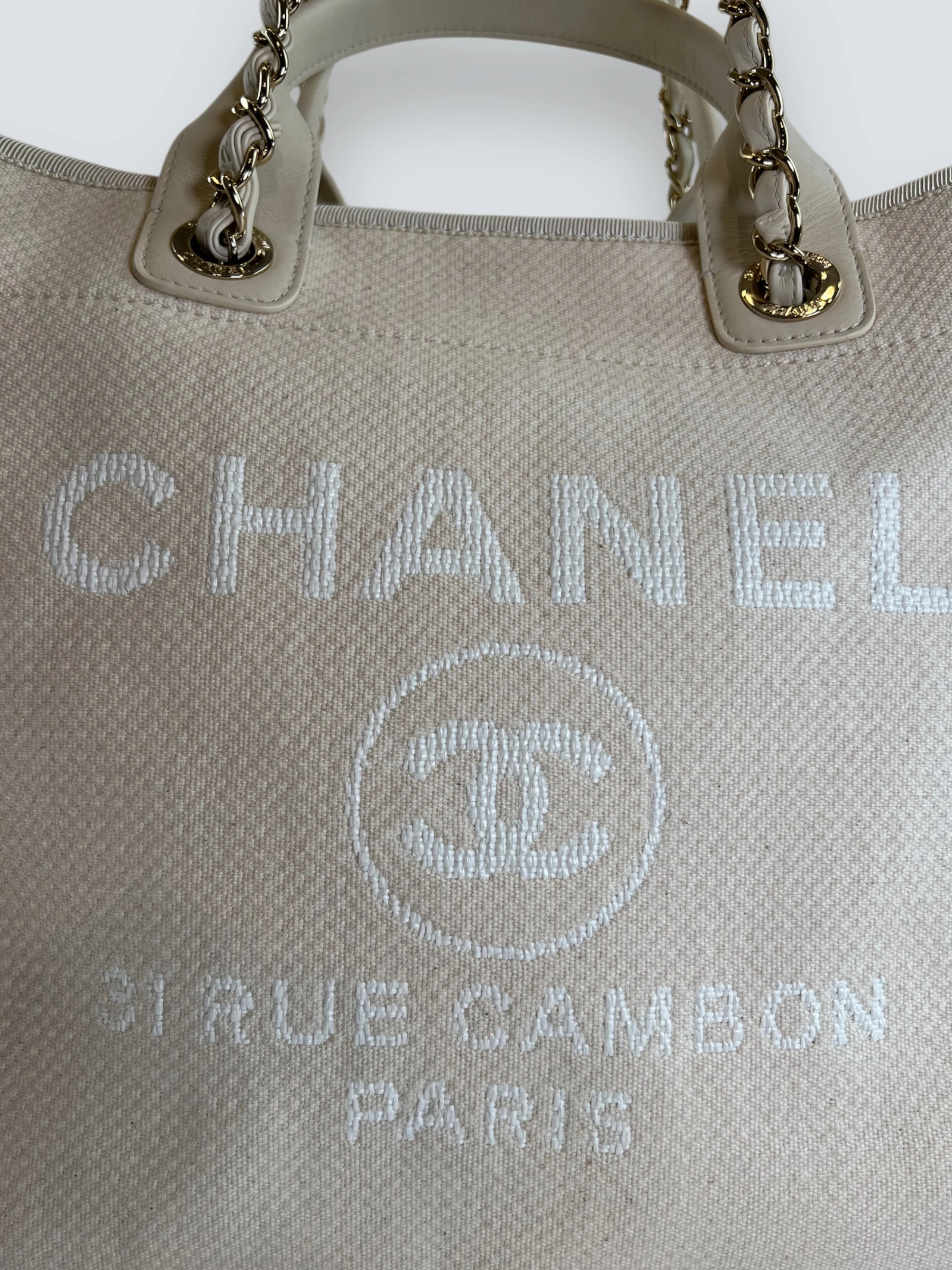Chanel Cream Leather & Canvas Deauville Tote
