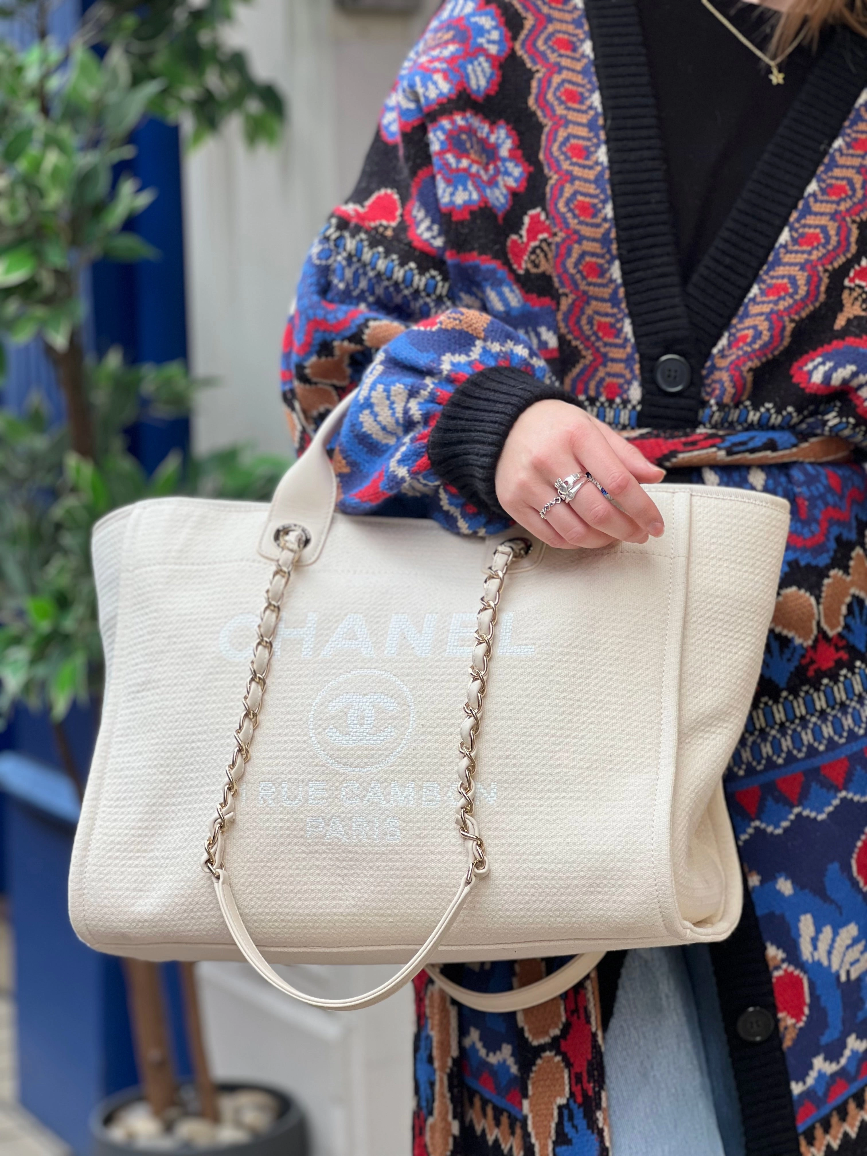 Chanel Cream Leather & Canvas Deauville Tote