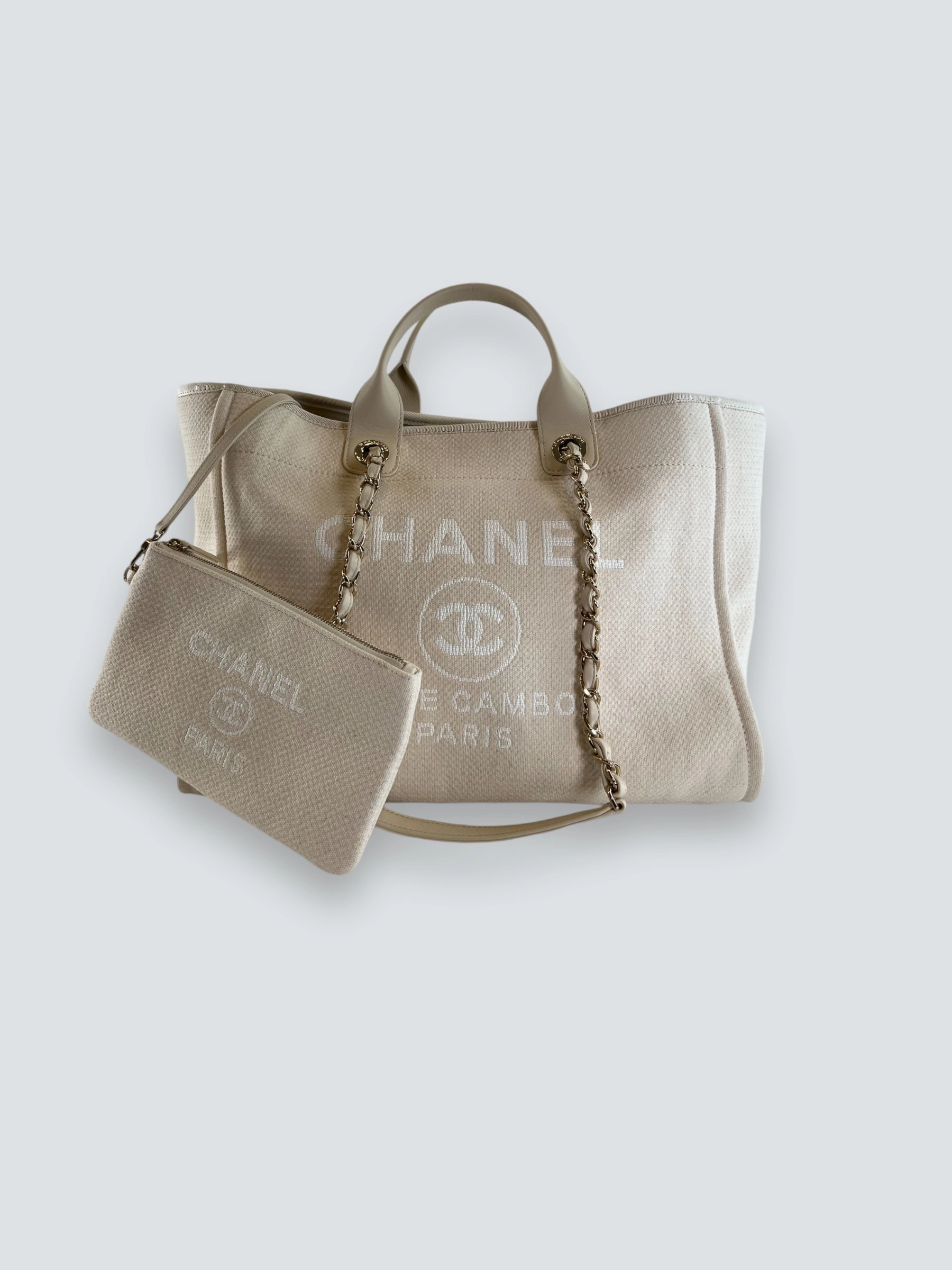 Chanel Cream Leather & Canvas Deauville Tote