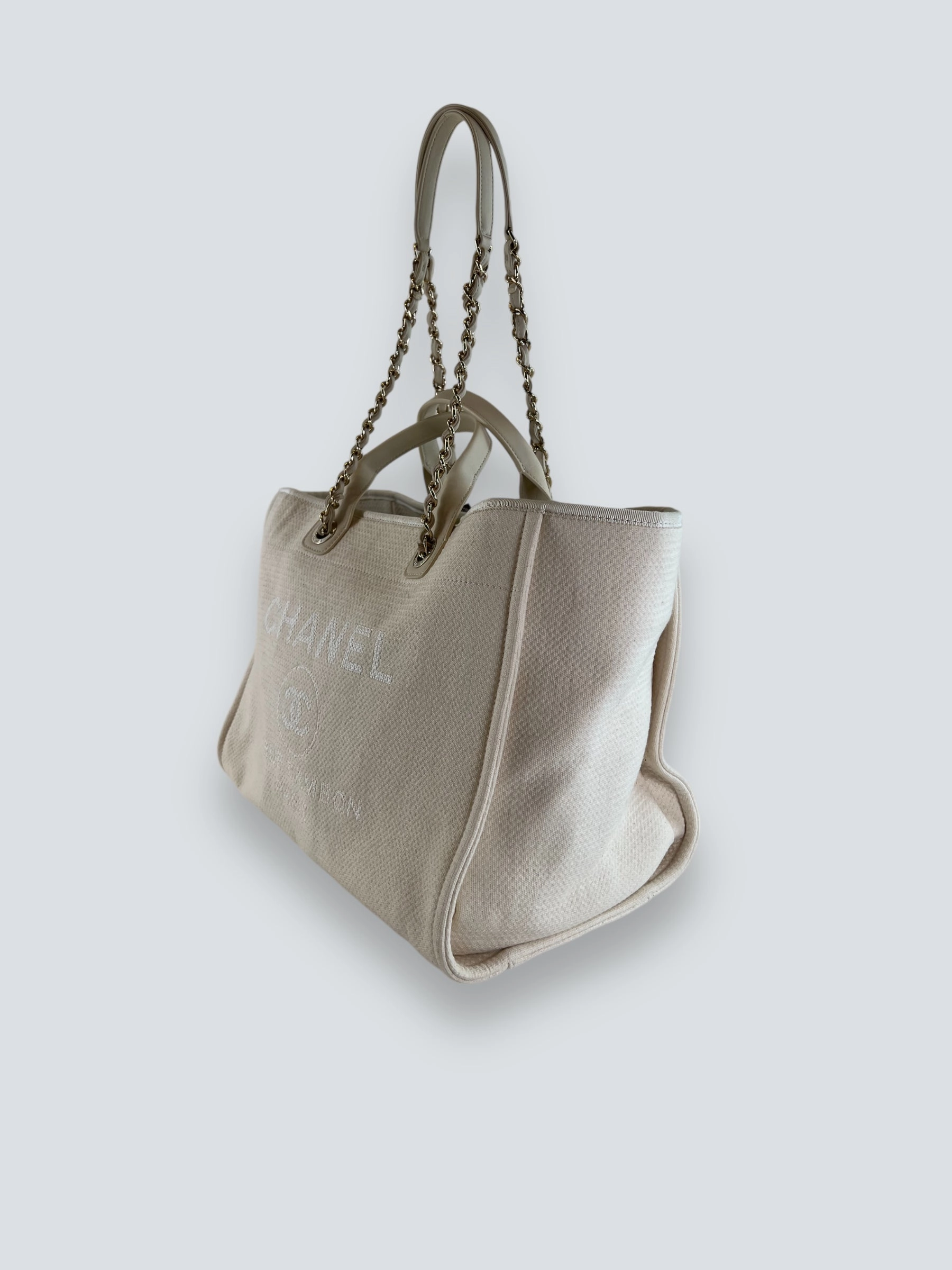 Chanel Cream Leather & Canvas Deauville Tote