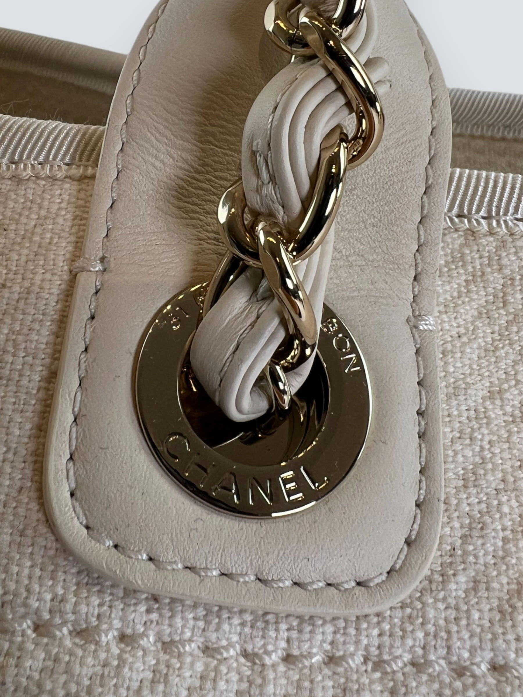 Chanel Cream Leather & Canvas Deauville Tote