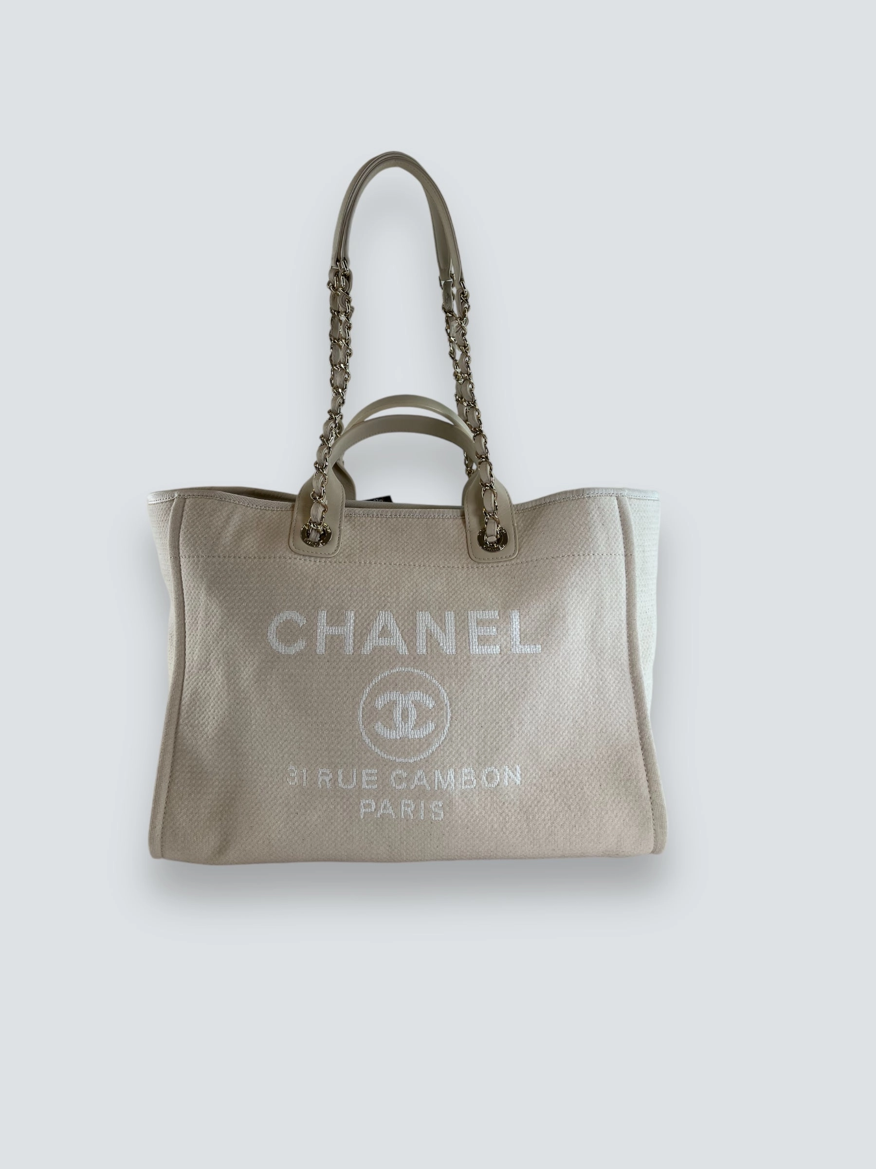 Chanel Cream Leather & Canvas Deauville Tote