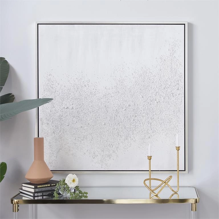 COSMOLIVING BY COSMOPOLITAN WHITE CANVAS ABSTRACT HANDMADE FRAMED WALL ART WITH SILVER FRAME,