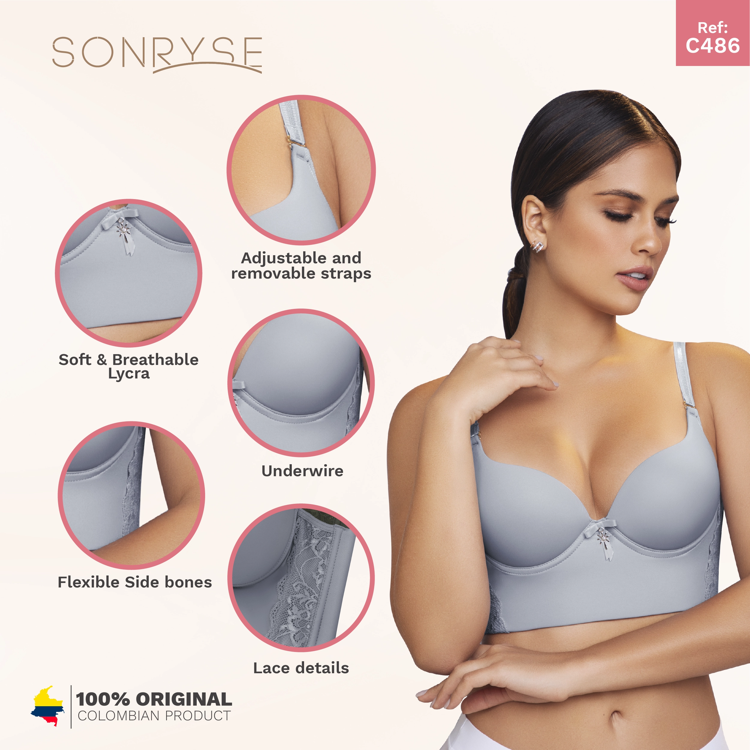 Daily Use Bra Breathable full cups, Flexible side bones &The straps are removable Sonryse C486