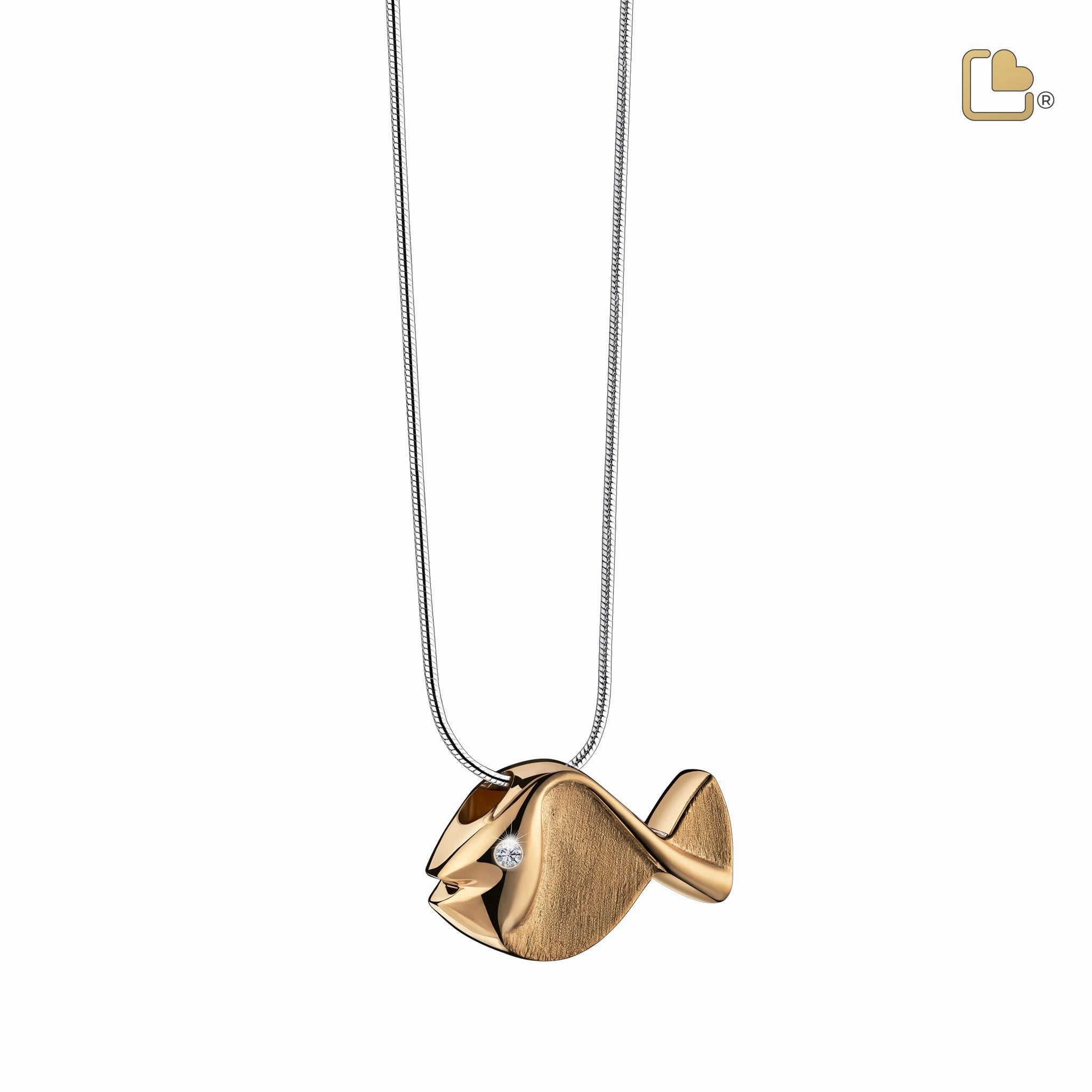 Fish with Clear Crystal Gold Vermeil Two Tone Sterling Silver Cremation Pendant