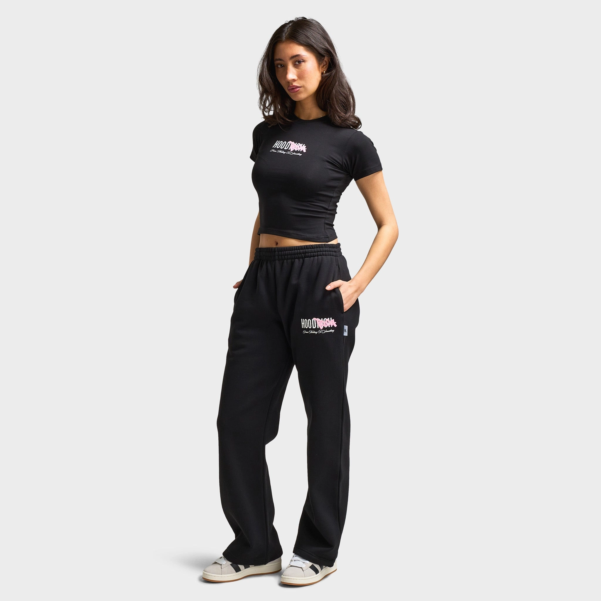 Hoodrich Women's Urban Wide Leg Joggers Black / White - Pink A Boo