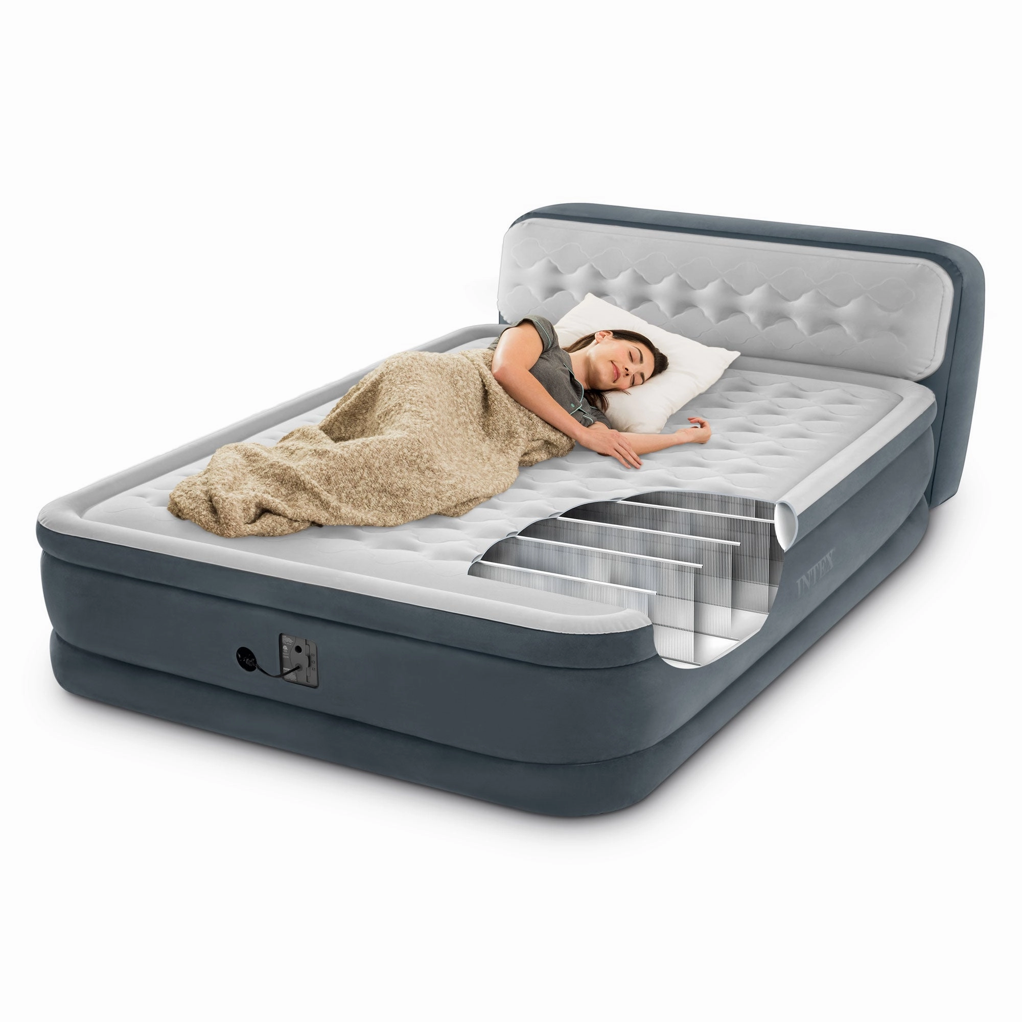 Intex 64447ED Dura-Beam Series Headboard Air Mattress with Electric Pump - Gray, Queen
