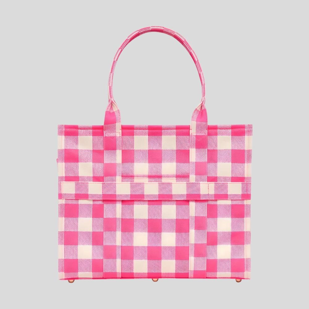 Large Bon Vivant Structured Tote Bag -- Neon Pink Gingham