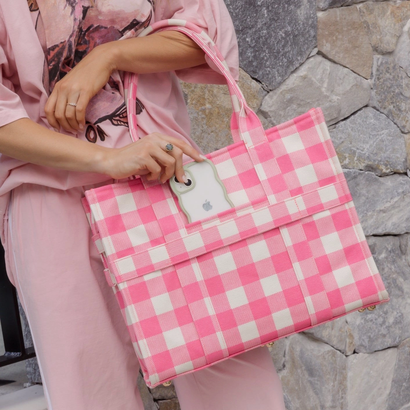 Large Bon Vivant Structured Tote Bag -- Neon Pink Gingham