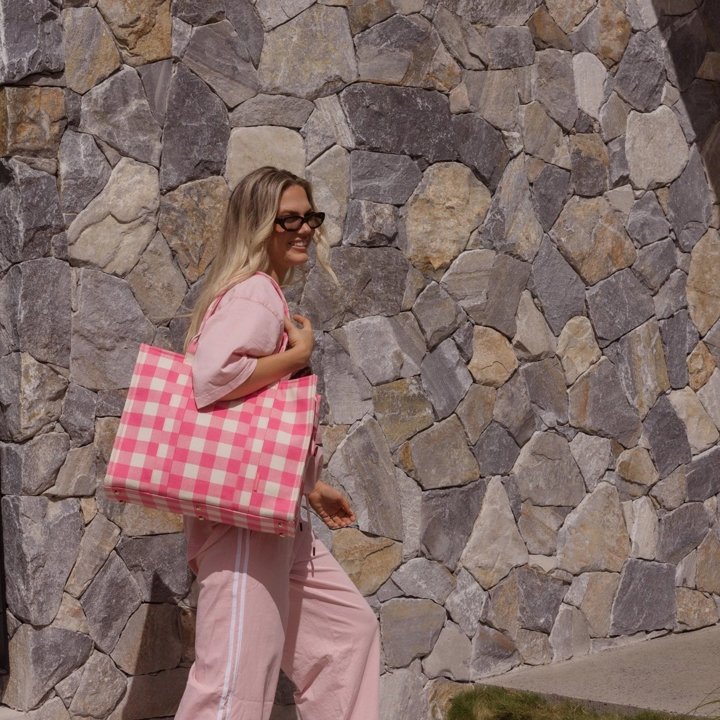 Large Bon Vivant Structured Tote Bag -- Neon Pink Gingham