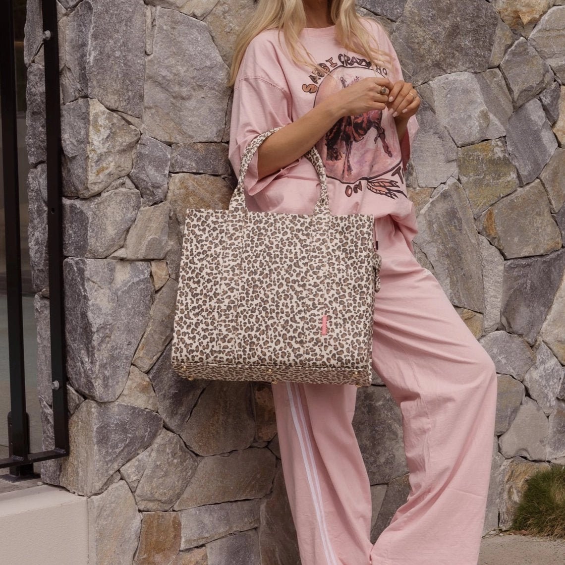 Large Bon Vivant Structured Tote Bag -- Neon Pink Leopard