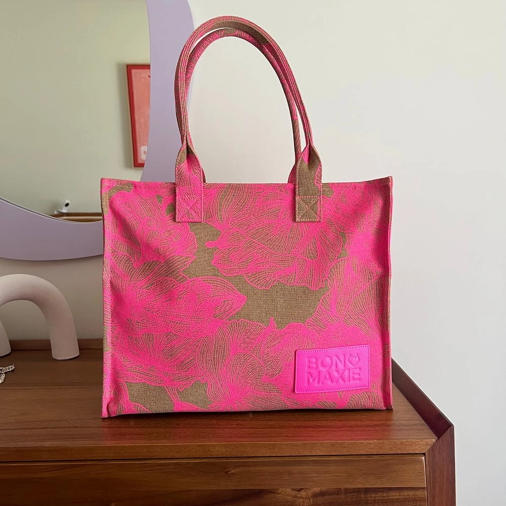 Large Bon Vivant Tote Bag -- Neon Pink/Tan Floral