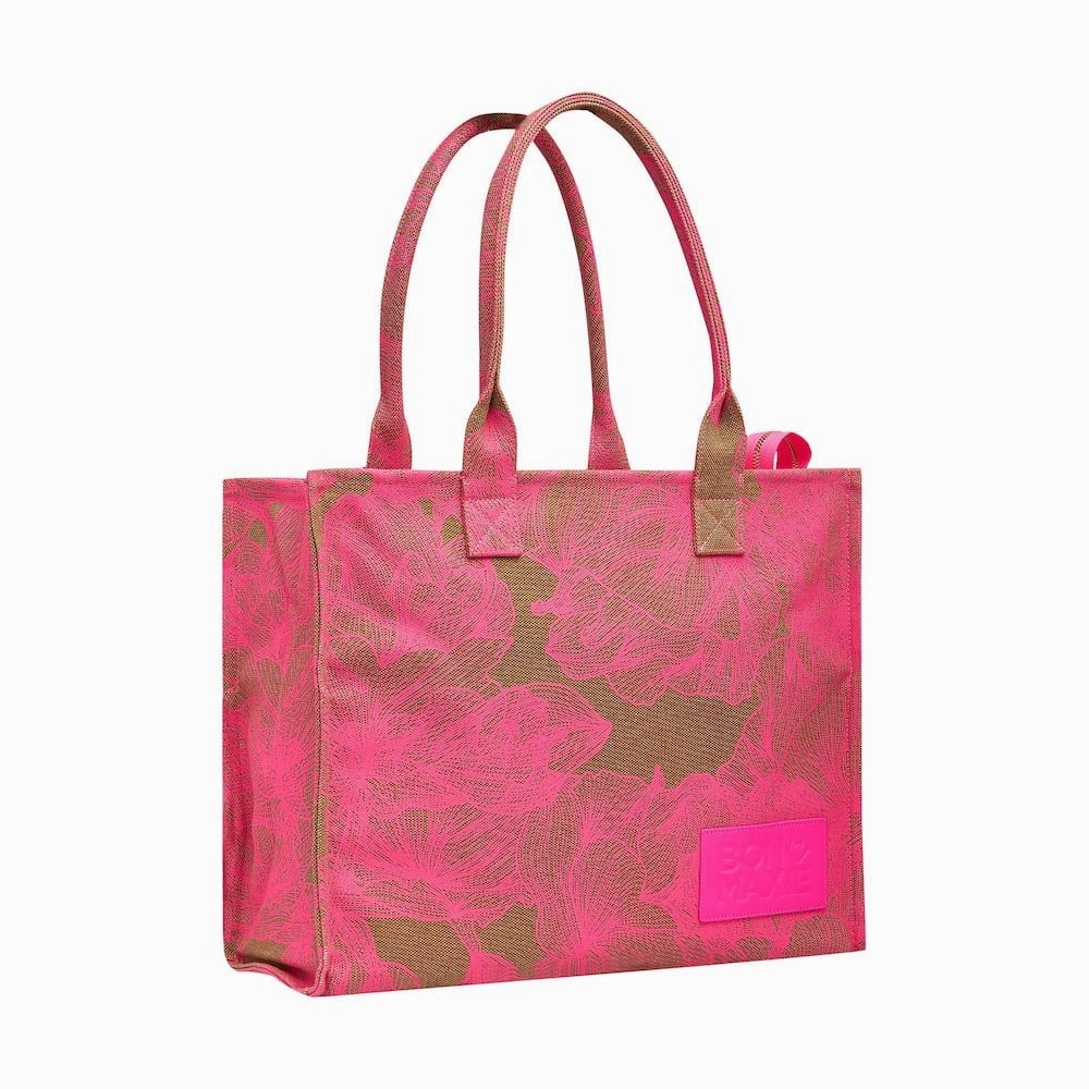 Large Bon Vivant Tote Bag -- Neon Pink/Tan Floral