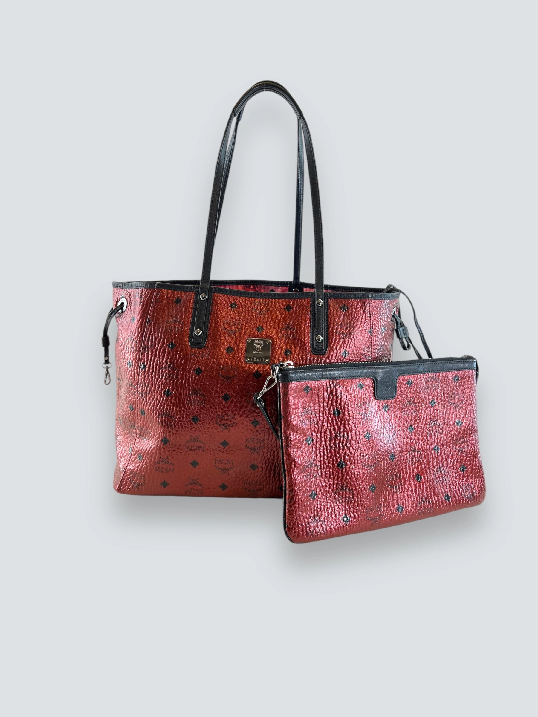 MCM Dark Red / Purple Metallic Monogram Canvas Tote