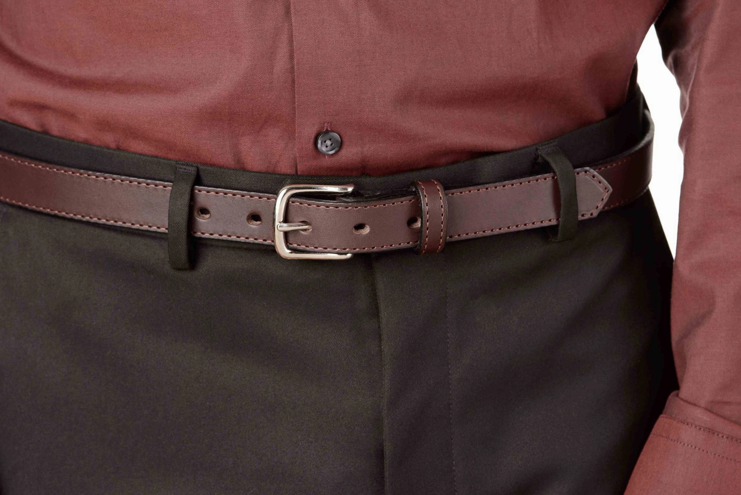 The Colt: Brown Stitched Leather Belt Petite Width 1.00"