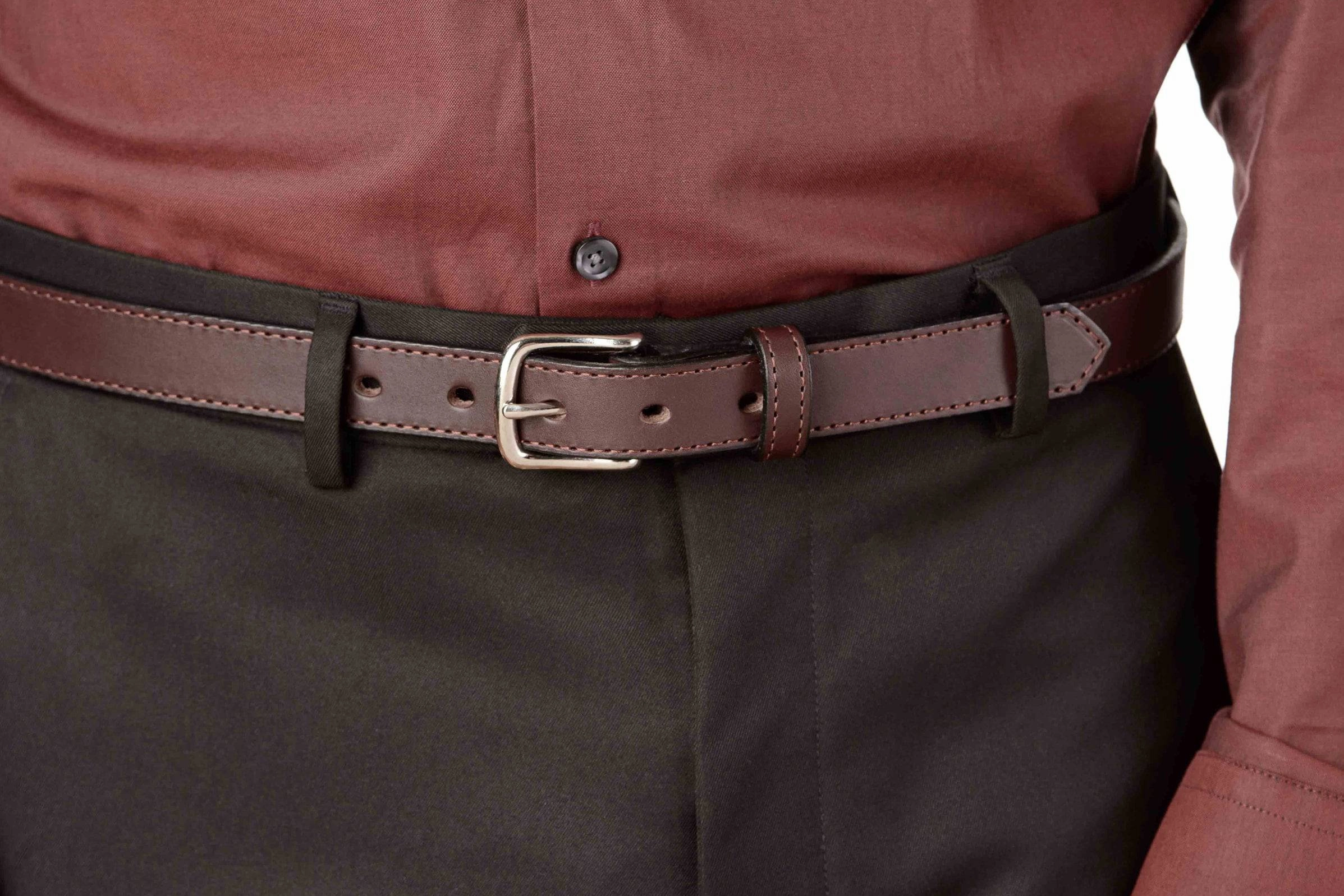 The Colt: Brown Stitched Leather Belt Petite Width 1.00"